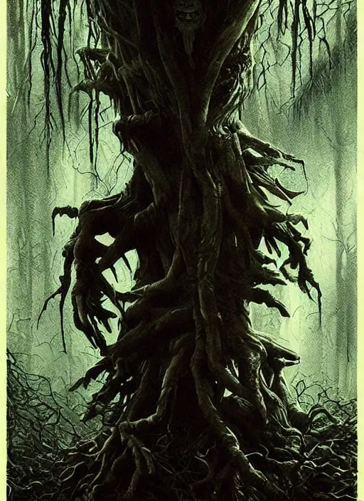 Image similar to highly detailed horror movie poster with angry creepy keanu reeves as a tree, keanu reeves faces in the bark of many trees sentient leafy catastrophe by greg rutkowski, masterpiece, really funny, 1 0 / 1 0 creepy