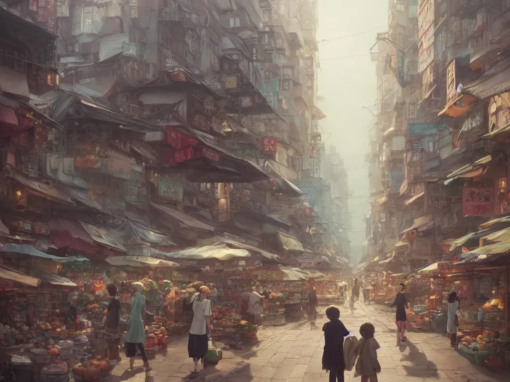 Prompt: A highly detailed matte painting of busy market by Studio Ghibli, Makoto Shinkai, by Artgerm, by WLOP, by Greg Rutkowski, volumetric lighting, octane render, 4K resolution, trending on artstation, masterpiece