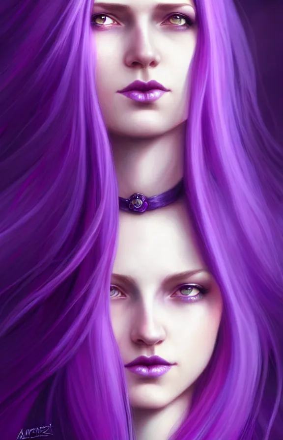 Prompt: Purple hair relistic Portrait of a woman with bright colored hair, all shades of purple. Hair coloring, long hair, blue eyes, fantasy, intricate, elegant, highly detailed, digital painting, artstation, concept art, smooth, sharp focus, illustration, art by artgerm and greg rutkowski and alphonse mucha