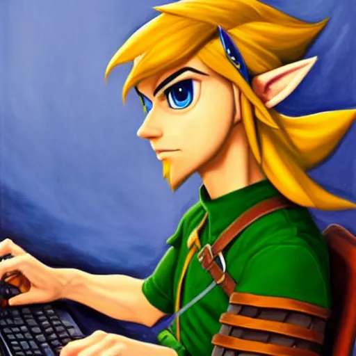 Prompt: link from zelda using computer, painting by by ralph grady james, jean christian biville