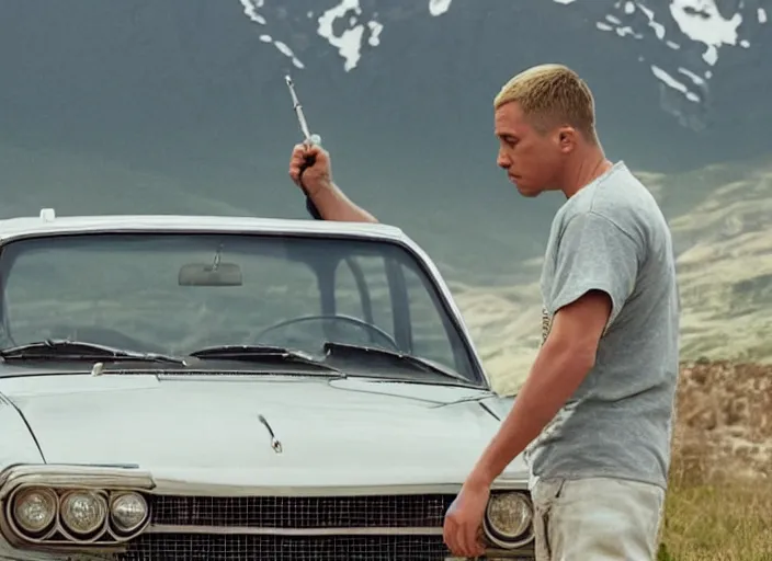 Image similar to a very high resolution image from a new movie, eminem shooting a car. mountains, directed by wes anderson