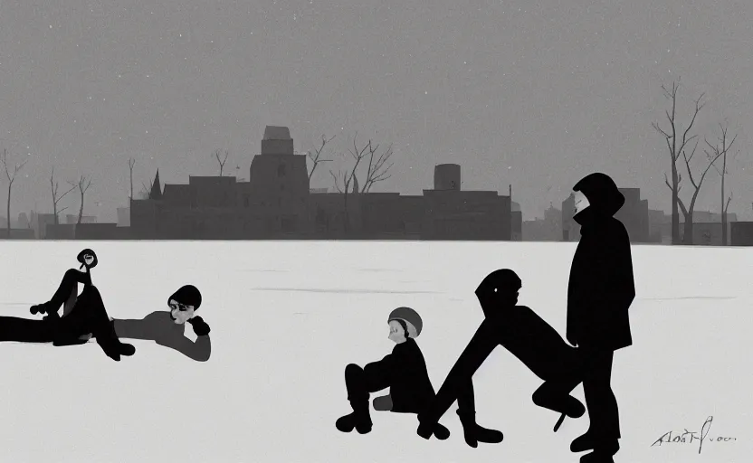 Prompt: ice skating on a frozen lake scene illustration by atey ghailan and escher and edward hopper