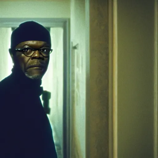 Prompt: a cinematic film still of Samuel L. Jackson starring in The Shining, portrait, 40mm lens, shallow depth of field, close up, split lighting, cinematic