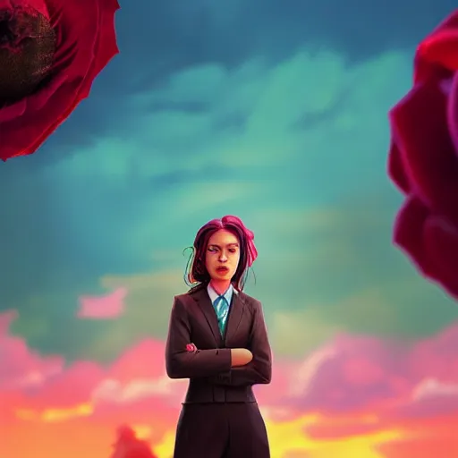 Image similar to closeup, giant rose flower head, frontal, girl in a suit, surreal photography, sunrise, blue sky, dramatic light, impressionist painting, digital painting, artstation, simon stalenhag