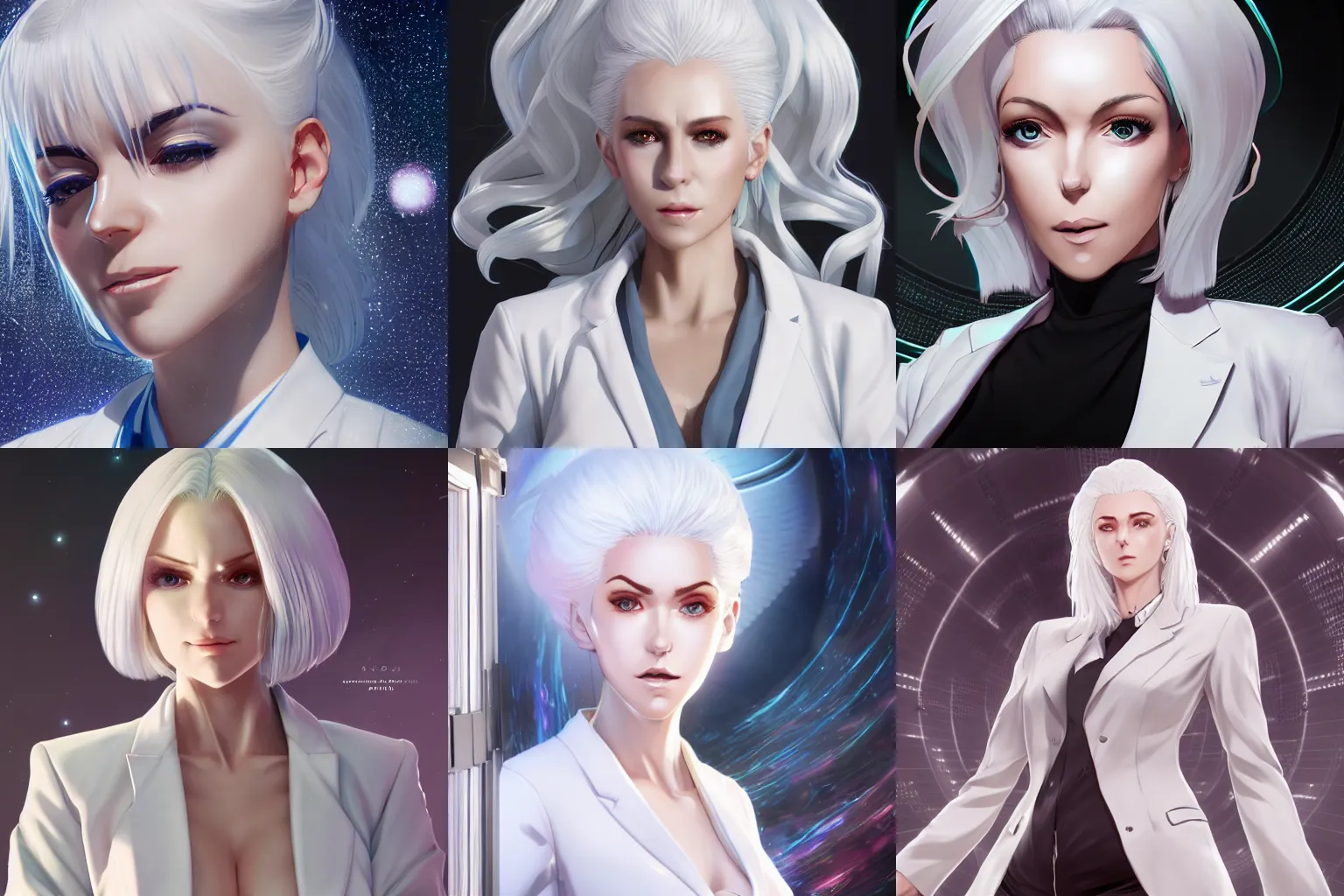 Prompt: a beautiful woman with white hair, wearing white suit, standing inside the tardis, character art portrait, anime key visual, official media, illustrated by wlop, extremely detailed, 8 k, trending on artstation, cinematic lighting, beautiful body