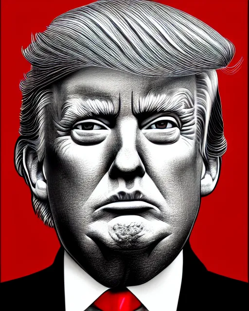 Prompt: highly detailed portrait of donald trump by casey weldon, serene, 4 k resolution, red, black and white color scheme