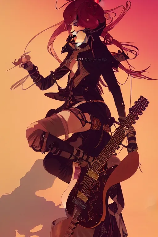 Prompt: full body beautiful young steampunk anime warrior girl playing a strange guitar , pretty face, realistic shaded Perfect face, fine details. steampunk, cyberpunk, highly detailed, artstation, illustration by Ilya Kuvshinov and alphonse mucha , Charlie Bowater, dynamic light, morning