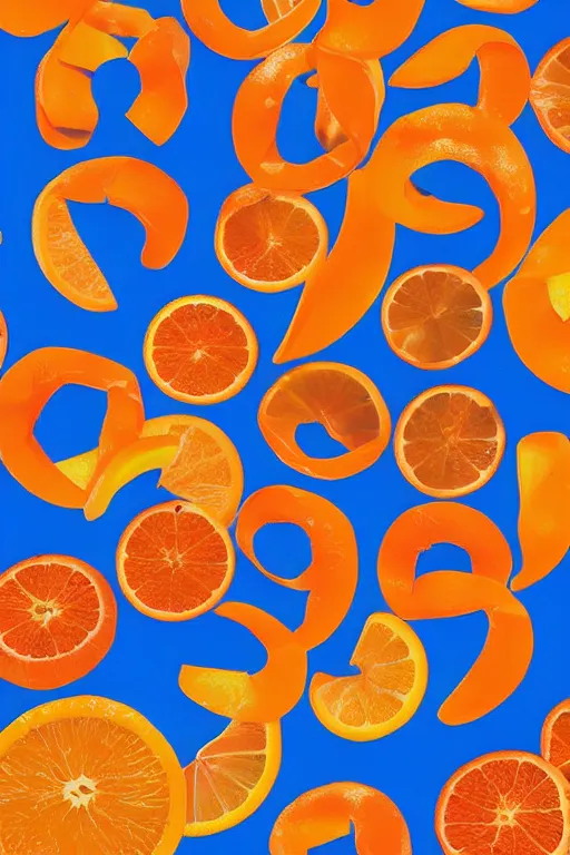 Image similar to a poster of summer ,water,wave , orange and orange slices,blue theme and Yellow accents,Colour composition by Kenya Hara