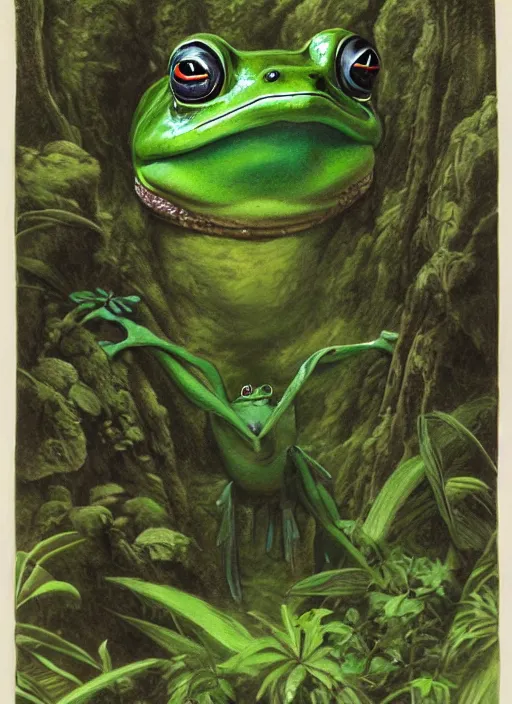 Image similar to a beautiful matte painting of a green frog in the jungle, kambo