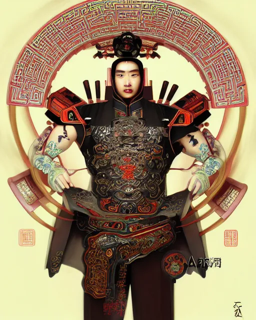 Image similar to portrait of a chinese masculine male cyberpunk machine, machine face, upper half portrait, decorated with chinese opera motifs, muscular, asian, fine china, wuxia, traditional chinese art intricate intense elegant 京 剧 highly detailed symmetry headpiece digital painting artstation concept art smooth sharp focus illustration, art by artgerm and greg rutkowski alphonse mucha 8 k