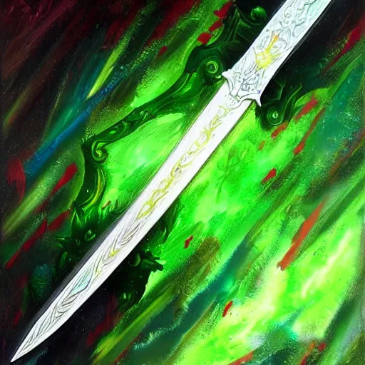 Image similar to Oil painting concept art of a magical acid sword glowing bright green, very intricate hilt, green color scheme, highly detailed concept art.