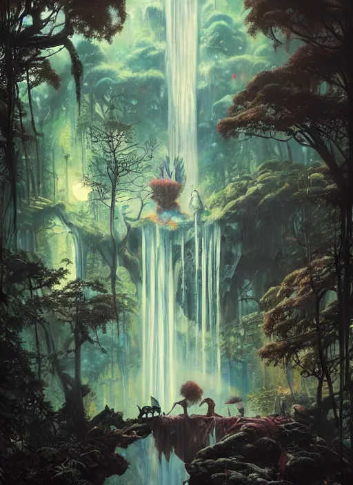 Image similar to a hyper realistic futuristic city witch shrine under a waterfall in the sunset, gorgeous lighting, lush forest foliage, painting by chiara bautista and tom bagshaw, muca beksinski and norman rockwell and greg rutkowski weta studio, and lucasfilm