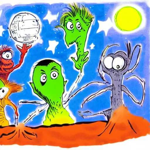 Prompt: group of aliens on moon in dr. suess style