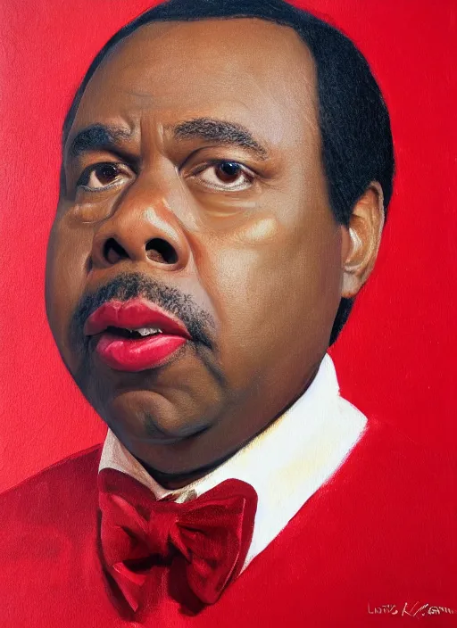 Image similar to ( ( ( portrait of leslie david baker as stanley hudson of the office television series ) ) ) a painting by igor kazarin, head to waist, light coming from the right side, red background,