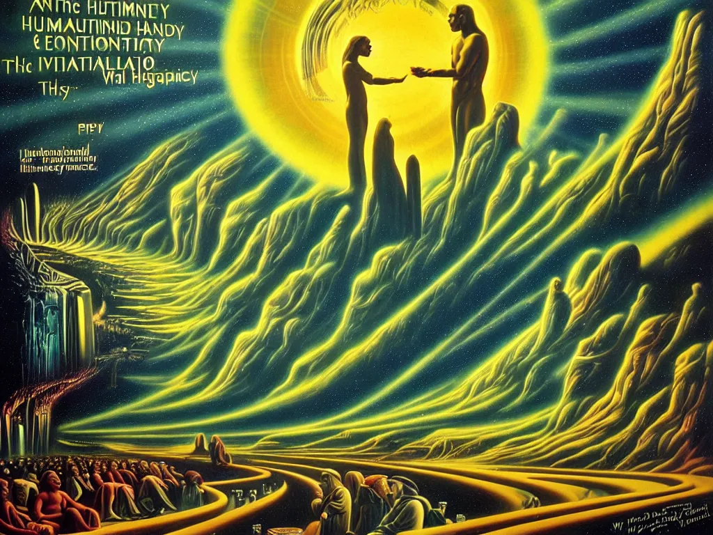 Image similar to a beautiful future for human evolution, spiritual science, holy divinity, utopian, by david a. hardy, wpa, public works mural, socialist