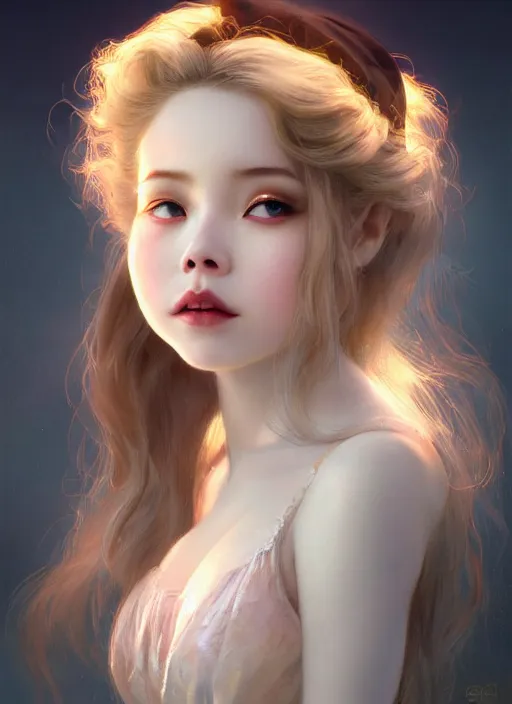 Image similar to of dark fantasy by Kyung Eom, young beautiful Belle Delphine, close up face portrait, medium shot, intricate, elegant, warm light, highly detailed, digital painting, volumetric light, artstation, concept art, smooth, sharp focus, illustration, art by Gil Elvgren and Adolf Wölfli and bruce pennington