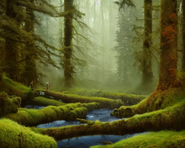 Image similar to Fantasy Oil painting of Hoh National Forest and logs covered in moss, Greg Rutkowski, National Geograpic, Trending on Artstation, Morning Glow