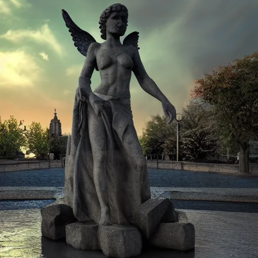 Prompt: a stone statue of angel, statue is a fountain, water is dripping from angel's eyes, there is midnight sunset, rim lights and caustics, super realistic render vray, clouds and corrupted city behind, blizzard sharp dynamic lights