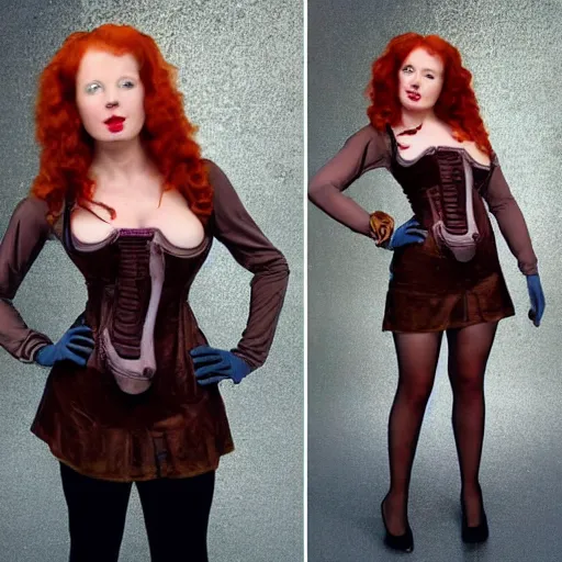 Prompt: redhead steampunk scientist's body is accidentally inflated by experiment gone wrong.