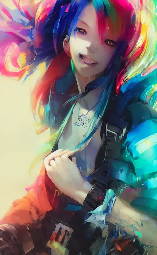 Prompt: a kawaii woman with rainbow hair smiling, kawaii shirt and jeans, In style of Yoji Shinkawa, wojtek fus, by Jordan Grimmer and greg rutkowski, concept art, highly detailed