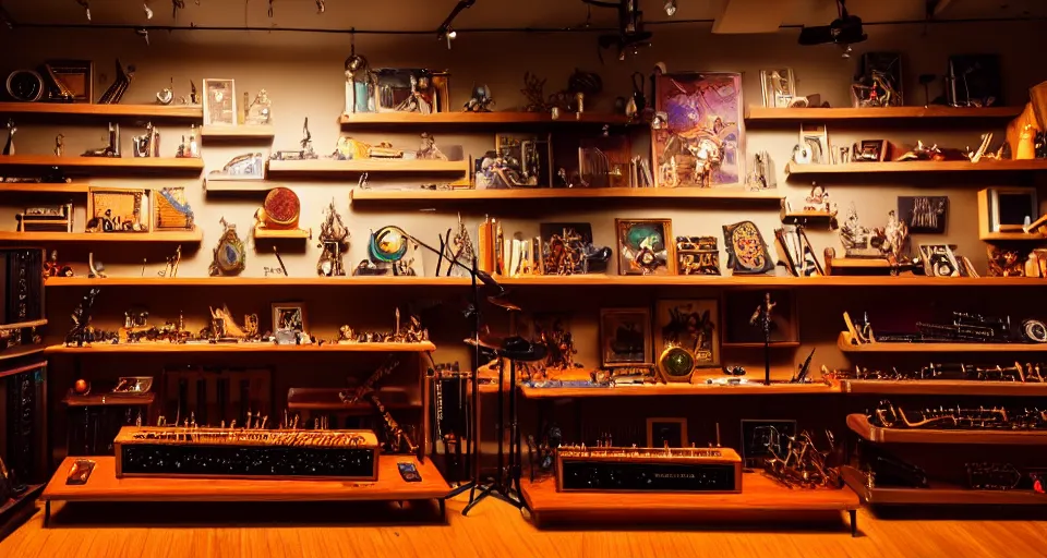 Image similar to a shelf of amazing magical musical instruments, cinematic lighting, detailed, beautiful colors, by greg rutowski and studio ghibli
