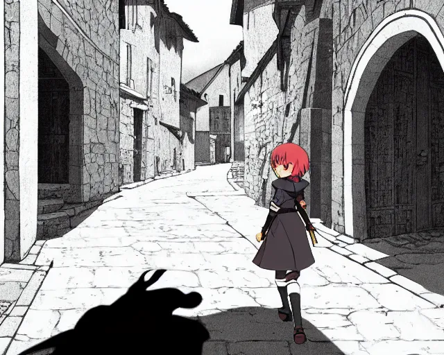 Prompt: anime still frame of a young female walking through a medieval village, dynamic pose, dynamic perspective, detailed silhouette, cel shaded, minimalist, simple, ilya kuvshinov face style