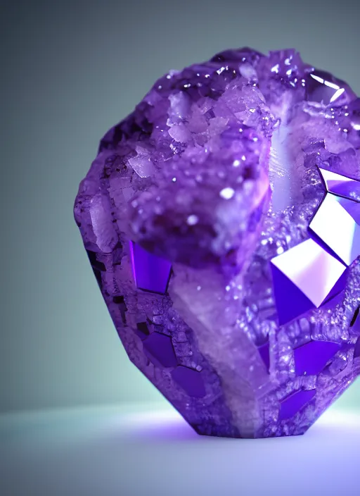 Image similar to perfume bottle in a purple geode cave, up close shot, sharp focus, global illumination, radiant light, alexandre ferra white mecha, irakli nadar, octane highly render, 4 k, ultra hd,