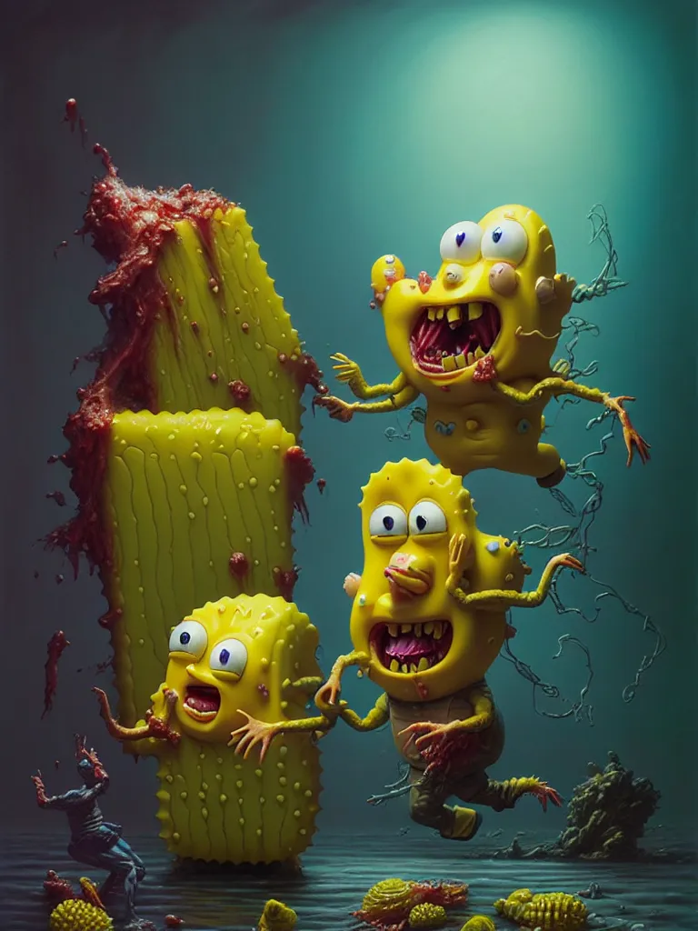 Image similar to hyperrealistic rendering, fat smooth john carpenter flesh monster spongebob by donato giancola and greg rutkowski and wayne barlow and zdzisław beksinski, product photography, action figure, sofubi, studio lighting, colored gels, colored background