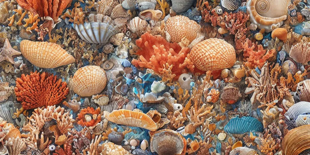 Prompt: pattern of sea shells and corals by Justin Gerard