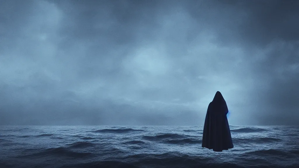 Image similar to dark mysterious hooded figure hovering above a dark ocean, 8K, concept art, cinematic, blue, black, gray, filmic, HDR, hyperrealism, volumetric lighting