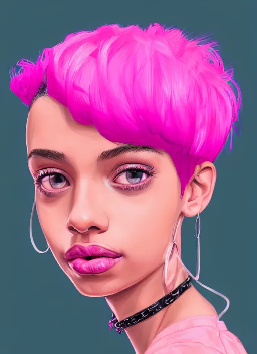 Image similar to portrait of teenage vanessa morgan with bright pink hair, black girl, curly pixie cut hair, wearing newsboy cap, pink short haircut, newsboy cap, hoop earrings, blue eyes, intricate, elegant, glowing lights, highly detailed, digital painting, artstation, concept art, smooth, sharp focus, illustration, art by wlop, mars ravelo and greg rutkowski