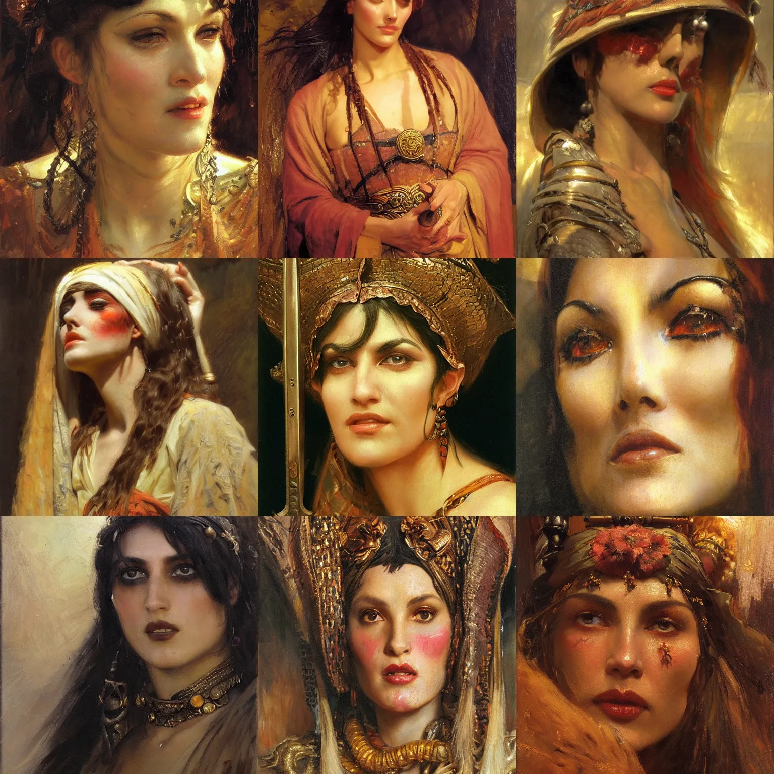 Prompt: pretty fire witch orientalism face detail by theodore ralli and nasreddine dinet and anders zorn and edwin longsden long, bronze age, sword and sorcery, oil on canvas, masterful intricate artwork, excellent lighting, high detail 8 k