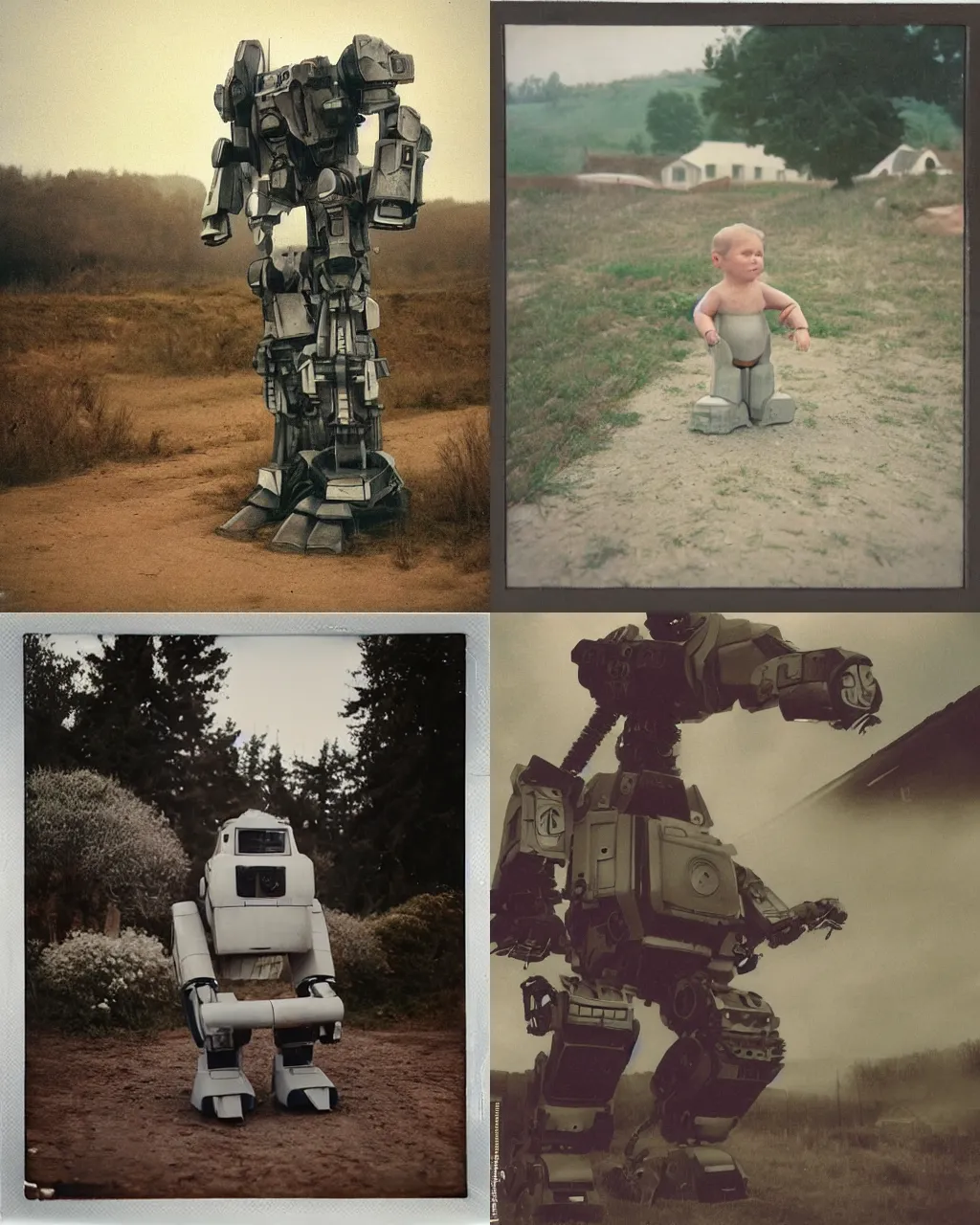 Prompt: giant oversized robot mech baby on a village, Cinematic focus, Polaroid photo, vintage, neutral colors, soft lights, foggy, by Steve Hanks, by Serov Valentin, by lisa yuskavage, by Andrei Tarkovsky