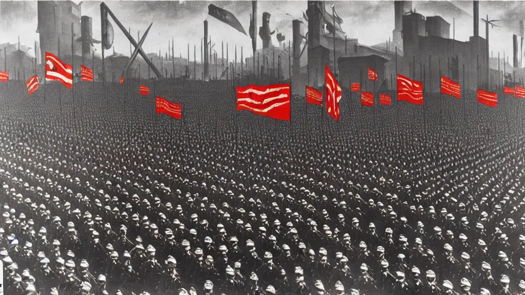 Image similar to army parade glorious march, futuristic alternate timeline, anarcho - communist hordes, red and black flags, modernist factories in background, art by max ernst, cnt spanish civil war era propaganda, extremely detailed, 4 k