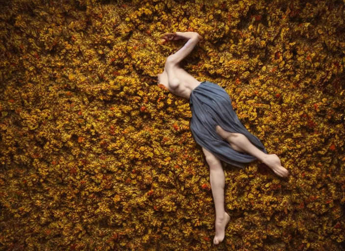 Prompt: levitating woman, made of dried flowers, in the style of Rembrandt and Gregory Crewdson, dark and moody