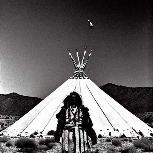 Image similar to portrait of Iroquois warrior standing next to the space ship shuttle crashed in the desert,Indian tipis in the background, black and white old photo, vintage
