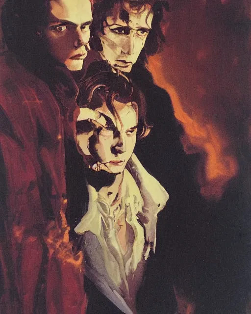 Image similar to two handsome but sinister young men in layers of fear, with haunted eyes and wild hair, 1 9 7 0 s, seventies, wallpaper, a little blood, moonlight showing injuries, delicate embellishments, painterly, offset printing technique, by brom, robert henri, walter popp