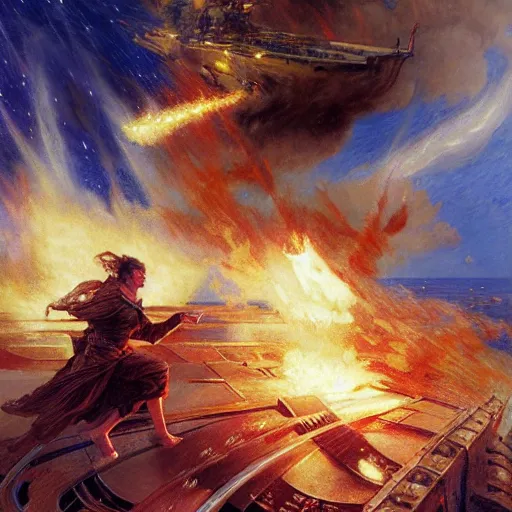 Prompt: stunning male master wizard destroying a war ship by his fire spell, highly detailed painting by gaston bussiere, craig mullins, j. c. leyendecker, 8 k