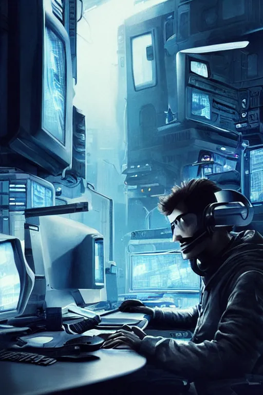 Prompt: hacker at a computer in a scifi movie, movie poster, by nuri iyem, james gurney, james jean, greg rutkowski, anato finnstark. pixar. hyper detailed, 5 0 mm, award winning photography, perfect faces