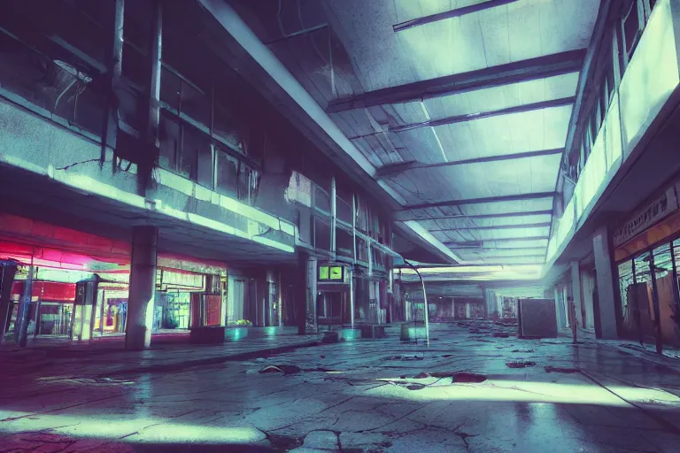 Image similar to low angle photo of a abandoned cyberpunk shopping mall, a crew of high tech soldiers are in, cinematic lightning, ray tracing, unreal engine, photorealistic fps game concept art, detailed, dark, moody, foggy