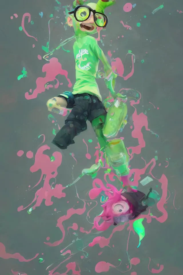 Image similar to a beautiful fullbody portrait of a cute happy splatoon boy with pink hair and green eyes wearing sports clothing tight leggings. character design by cory loftis, fenghua zhong, ryohei hase, ismail inceoglu and ruan jia. artstation, volumetric light, detailed, photorealistic, fantasy, rendered in octane