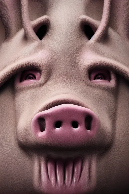 Image similar to a pig with a human face poses for a portrait, creepy, unsettling, scary, nightmare, intricate, hyper detailed, accent lighting, dramatic light, 4 k octane render