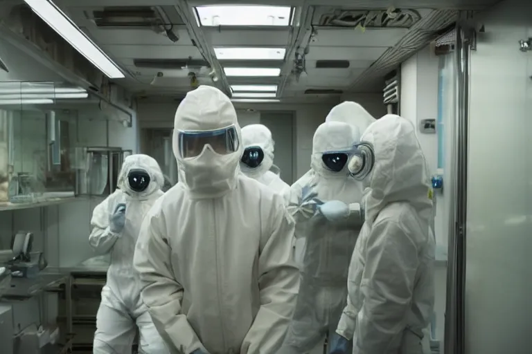 Image similar to man wearing hazmat suit in cleanroom examining alien. by Roger Deakins