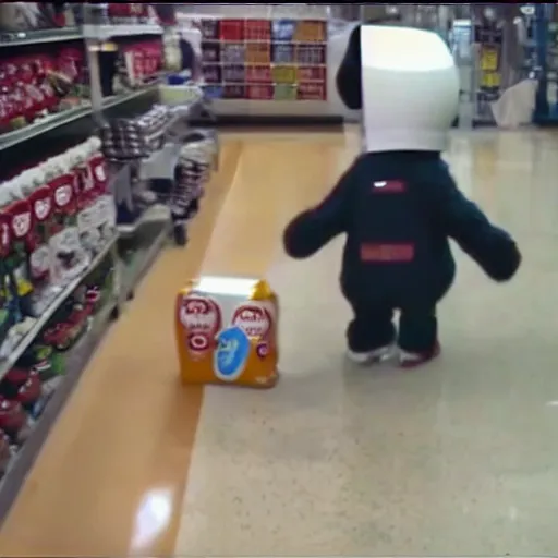 Prompt: security camera footage of a sports mascot pouring a carton of milk on the floor