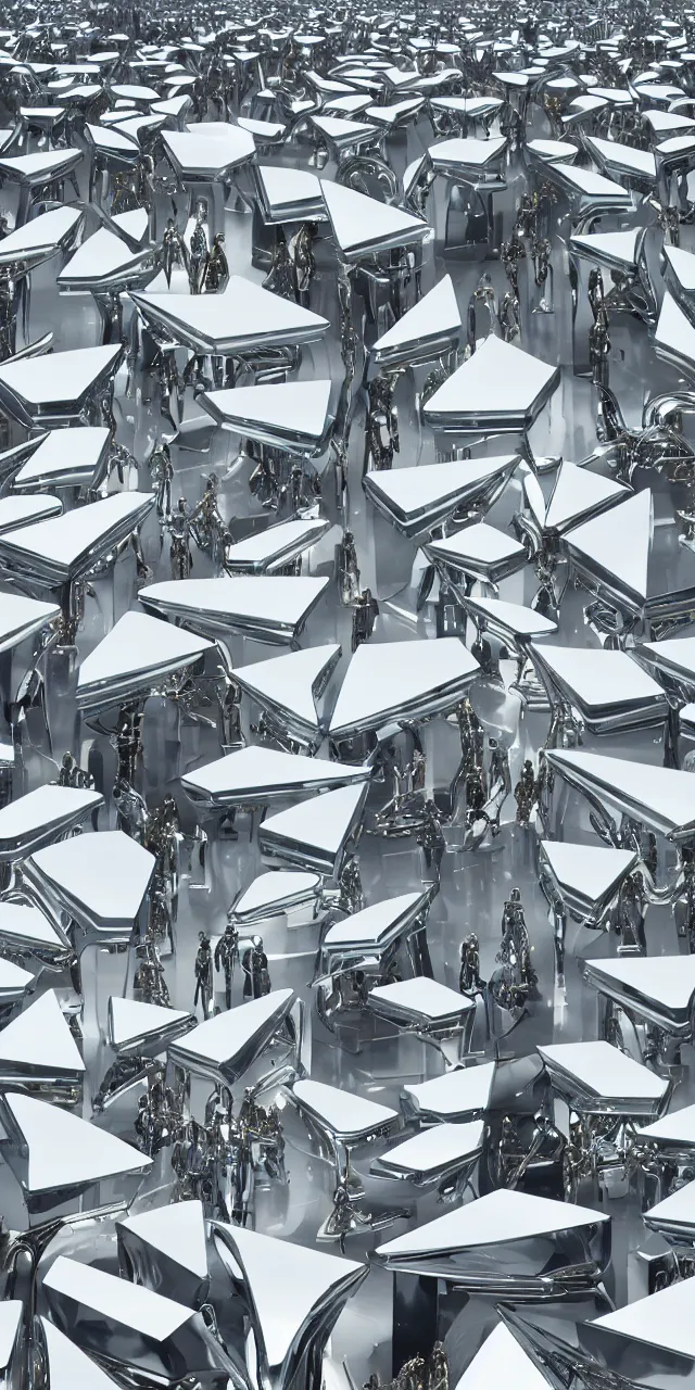 Prompt: A seamless pattern of photorealistic futuristic sci-fi white and gold robots designed by by zaha hadid and karim rashid, close-ups, detail shots, 3D, futuristic mecha robots, Blade Runner 2049 film, robotic machinery, Boston dynamics robots, Backlit, glowing lights, shiny glossy mirror reflections, Gold and white, large patterns, Futuristic shapes, Symmetric, mecha robot details, Macro details, plastic ceramic material, Transparent Glass surfaces, metallic polished surfaces, seamless pattern, Dynamic lighting, white , gold, black and aqua colors, Octane render in Maya and houdini, vray, ultra high detail ultra realism, unreal engine, 4k in plastic dark tilt shift