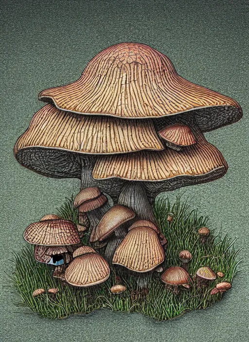 Image similar to a hybrid between a mushroom and a house,, insanely detailed, studio light, 3 d rendering, colored pencil