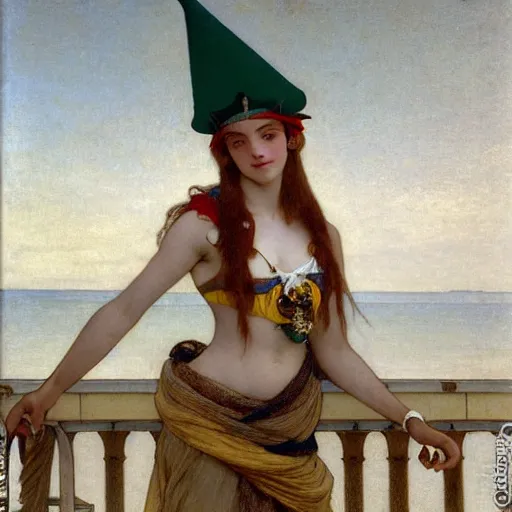 Image similar to A girl with jester hat and clothes on the front of a Balustrade with a beach on the background, major arcana clothes, by paul delaroche, alphonse mucha and arnold böcklin arnold böcklin hyperrealistic 8k, very detailed