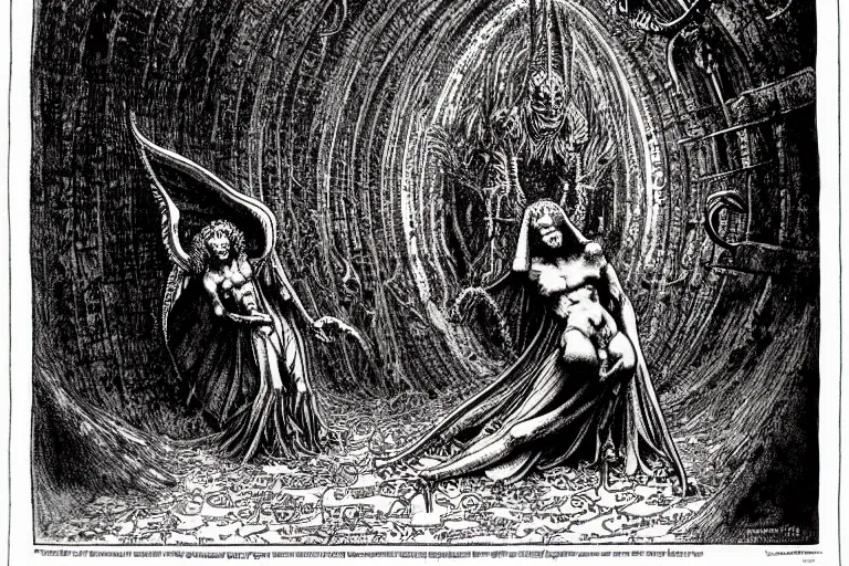 Prompt: fallen angel begs to enter the gates of hell by philippe druillet and gustave dore and les edwards and moebius and hieronymus bosch