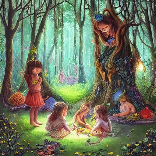 Image similar to “ childs in a magical forest making ritual, artwork, fantasy, face detailed ”