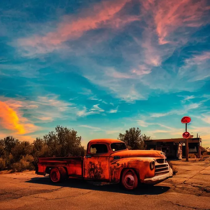 Image similar to a sunset light landscape with historical route 6 6, lots of sparkling details and sun ray ’ s, blinding backlight, smoke, volumetric lighting, colorful, octane, 3 5 mm, abandoned gas station, old rusty pickup - truck, beautiful epic colored reflections, very colorful heavenly, softlight